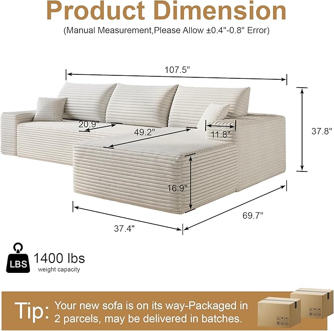 AUGOP 108" Sectional Couches for Living Room Modern Modular Sofa with L-Shape Couchs Upholstered Boneless Couch Deep Seat Sectional Couch with Chaise (White, Right Facing Chaise+2Seaters)