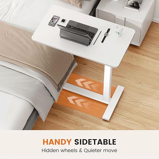 Mobile Bed Laptop Desk with Lockable Wheels and Height Adjustment Function Versatile Overbed Table for Hospital Bedside and Efficient Home Office, White