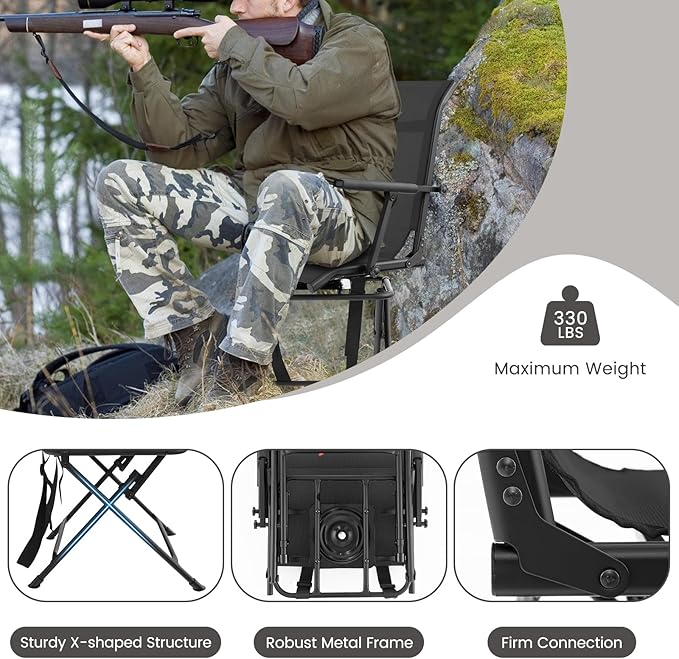 Goplus Hunting Chair, 360° Swivel Folding Hunting Blind Chair with Carrying Strap, 330LBS Capacity, Portable Deer Hunting Stool, Silent Ground Dove Hunting Chair, No Assembly