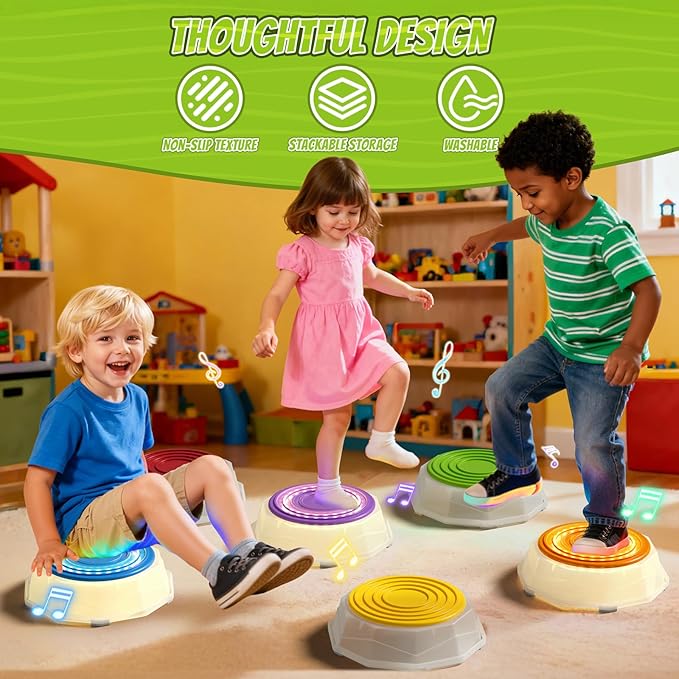 HYES Light Up Stepping Stones for Kids - 6 PCS Non-Slip Musical Stackable Step Stones, Toddler Obstacle Course Sensory Toys, Indoor Outdoor Jumping Play 1-3 Years Old Boys Girls Birthday Gifts