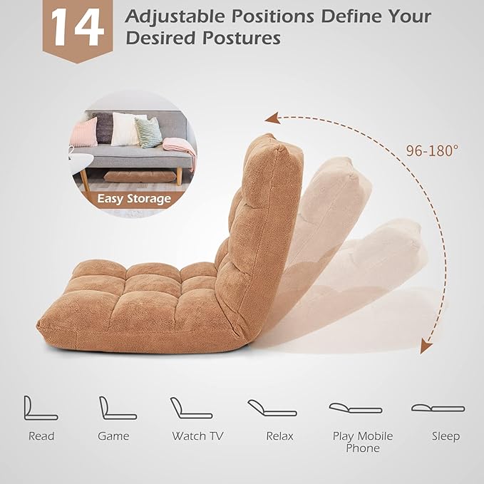 COSTWAY Floor Chair, Video Gaming Chairs with Back Support, Adjustable 14-Position, Alloy Steel Frame, Soft Coral Fleece, Lazy Sofa Lounge for Reading Living Room Recliner for Adults Kids, Beige