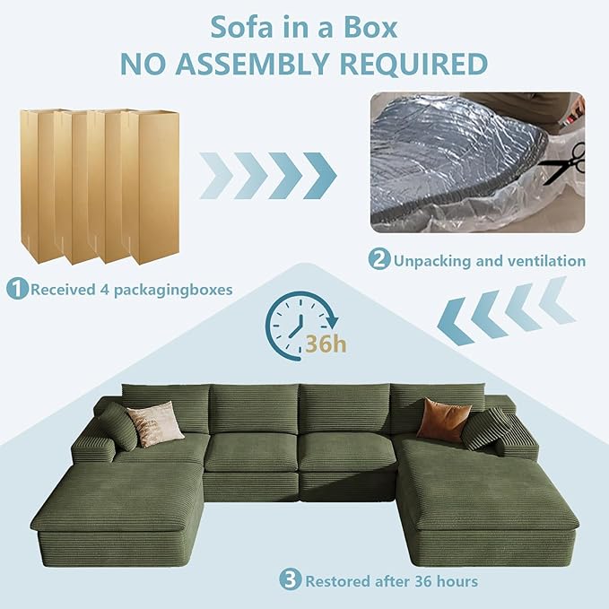 136" Cloud Sectional Couch with U-Shaped Chaise,Corduroy Viral Boneless Sofa with Ottoman,Memory Foam Couches in a Box with Deep Seat for Living Room,No Assembly Required (Green,Right-Facing Chaise)