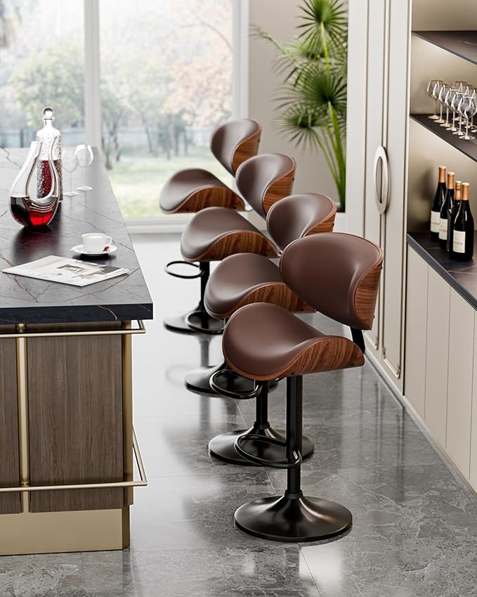 Aowos Bar Stools Set of 3, Adjustable Swivel Barstools Mid-Century Modern PU Leather Counter Height Bar Stool, Kitchen Island Barstools with Back (Brown)
