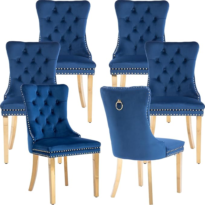 YeahFurn Mid Century Modern Dining Chairs Set of 6, Blue Velvet Upholstered Tufted Back, Kitchen & Dining Room Chairs, Gold Metal Legs, Nailhead Trim, Sillas para Comedor (Blue, 6 Pcs)
