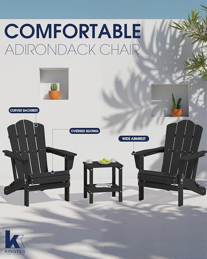 KINGYES Folding Adirondack Chair Set of 8, HDPE All-Weather Patio Chairs, Wooden Textured Lawn Chair for Poolside, Backyard, Deck, Fire Pit, Black