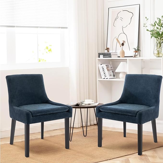 Modern Dining Chairs Set of 6, Upholstered Corduroy Dining Room Chairs with Wood Legs, Mid-Back Padded Kitchen Side Chairs for Dining Room, Blue