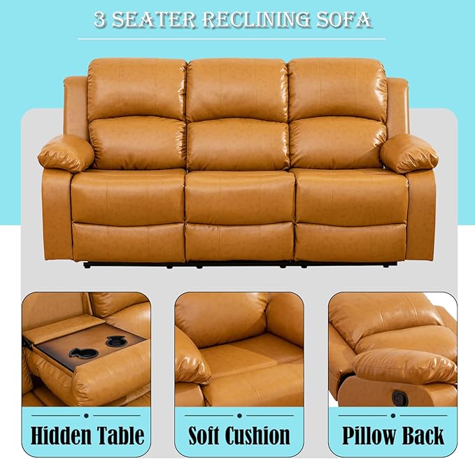 Caberryne Leather Recliner Sofa，Reclining Sofa for Living Room Furniture Sets，Ginger Wall Hugger Recliner Couch with Cupholder for Living Room/Office/Theater Seating(3 Seater Sofa)