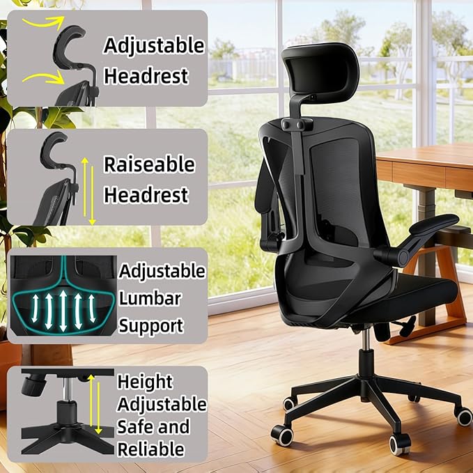 Ergonomic Office Chair - 400LB Comfy Desk Chairs with Adjustable Headrest and Lumbar Back Support, Mesh Computer Chairs with Wheels and Arms for Home Office, Study (Black-with Headrest)