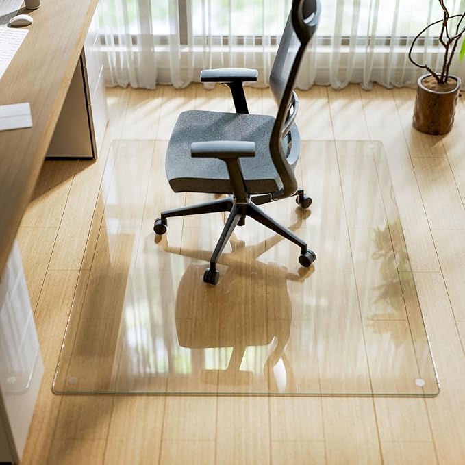 VETROUVE Chair Mat for Carpet 48" x 60" Tempered Glass Floor Mat on Carpet or Hard Floor with 4 Anti-Slip Pads, 1/5" Thick