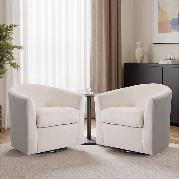 DREAMSIDEA Swivel Accent Chair, Upholstered Velvet Barrel Armchair, Modern Round Single Sofa Seating Comfy Reading Corner Chairs for Living Room Bedroom, Fully Assembled (Velvet Ivory, Set of 2)
