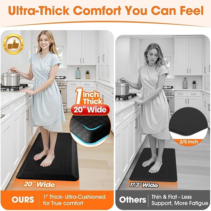 StepRite 1” Thick Kitchen Mats for Floor, Anti Fatigue Kitchen Rugs, Non-Slip,Heavy Duty Waterproof Kitchen Rug, Standing Desk Mat, Gifts for Friends, Family, Home, Kitchen, Office(39" x 20",Black)