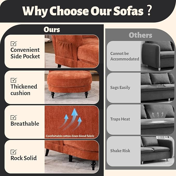Chaise Lounge Chair Indoor, 59.8"Oversized Couch Reading Chairs, Chenille Comfortable Deep Sleeping Single Sofa, Upholstered Modern Couch Sofa Bed for Living Room, Bedroom & Apartment (Orange)