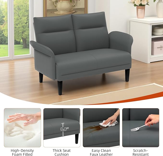 Faux Leather Loveseat with Wide Armrests, Symmetrical Shawl Arm 2-Seater Sofa, Upholstered Modern Loveseat with Wooden Legs for Small Living Room, Apartment, Gray