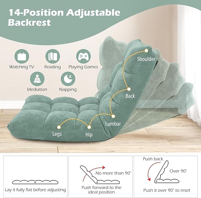 KOMFOTT 14-Position Adjustable Floor Chair with Back Support, Folding Padded Gaming Sofa for Reading, Meditation, Living Room Lazy Lounge, Video Gaming, Green