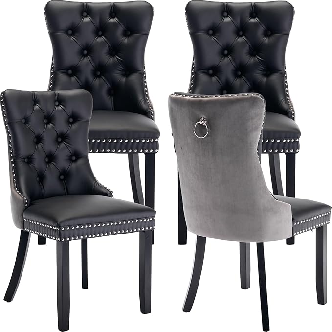 YeahFurn Modern Dining Chairs Set of 4, Tufted Upholstered Dining Room Chairs with Nailhead, PU Leather Front & Velvet Back, Solid Wood Legs, Kitchen Chairs, Sillas de Comedor (Black & Gray)
