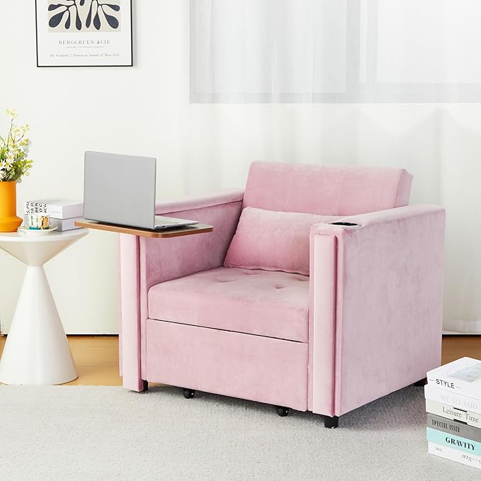Velvet Convertible Chair Bed, 3 in 1 Multi-Functional Lounge Chair Sleeper, Pull Out Couch Guest Bed with Hidden Table and Adjustable Backrest for Living Room Small Space Apartment (Pink)