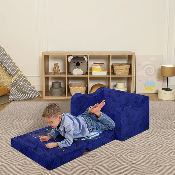 alldomess Comfy Kids Couch, 2-in-1 Folding Kids Sofa Bed for Toddler Boys, Convertible Sofa to Lounger Toddler Couch Chair for Baby Bedroom Playroom Nursery,Roaring Dinosaur