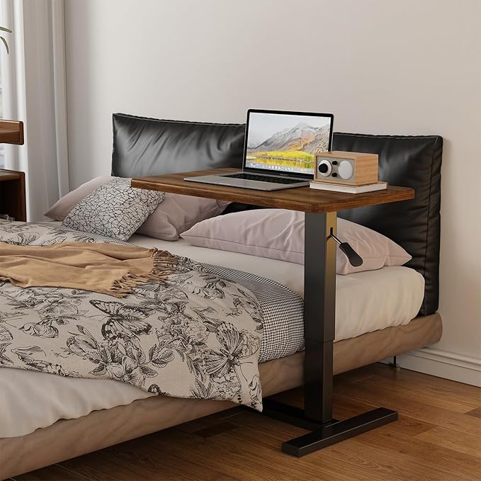 Overbed Bedside Table with Wheels Adjustable Hospital & Home Use Bed Table Rolling Movable Laptop Mobile Standing Desk Pneumatic Computer Cart Waterproof L-Shaped Steel Base Tray Tables,Brown