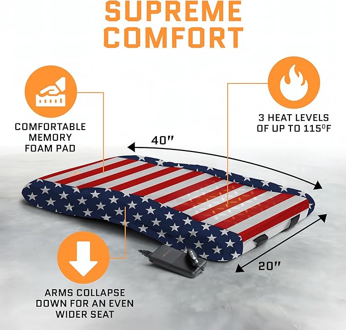 Heated Stadium Seats for Bleachers with Back Support – USB Battery Included - Upgraded 3 Levels of Heat - Foldable Chair - 4 Pockets for Snacks, Cup Holder - for Camping, Games & Sports (USA Flag)