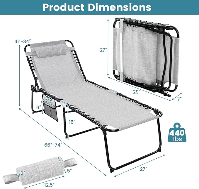 Goplus Chaise Lounge Chair Outdoor, Extra Large Folding 5-Postion Beach Lounger with Detachable Pillow, Side Pocket, Sunbathing Lounge Chair, Adjustable Tanning Chair for Patio Lawn Pool Yard