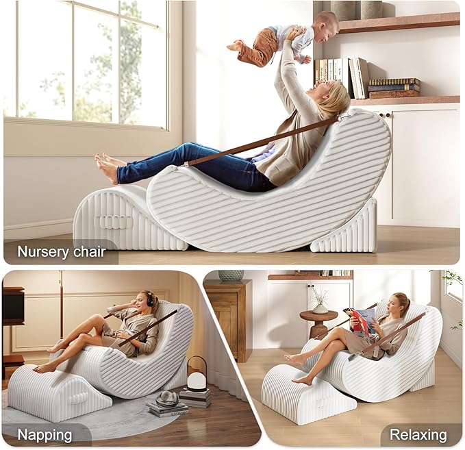 Gaint Bean Bag Chairs for Adults, Beanbag Lounge Filled with Memory Foam, Adjustable Angle, Corduroy Fabric, with Detachable Footrest for Bedroom, Living Room and Nursery(White)