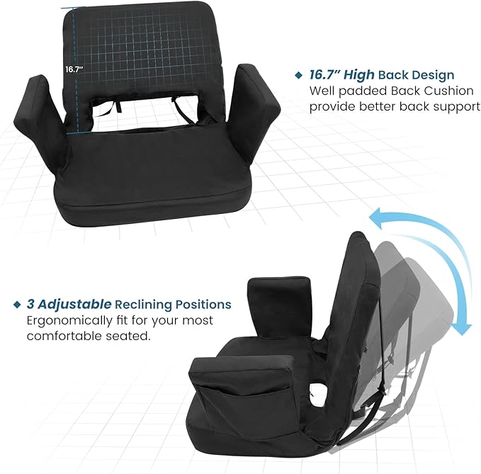 TOPSKY Stadium Seat with Back Support, 21.2in Total Width (19.5in Seat Area), 3 Reclining Positions, 2 Hooks and Armrests(Blue)