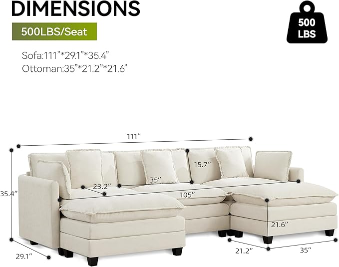 UMBFUN 3-Seater Cloud Couch with 2 Ottomans, Oversized Modular Sectional U Shaped Sofa with Deep Seat Cushions, Comfy Chenille Couch for Living Room, Beige