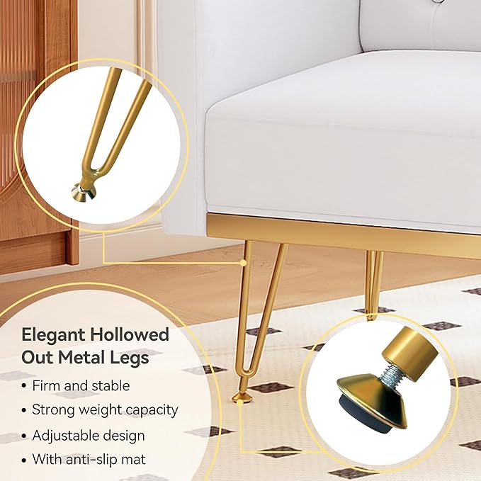 Accent Chair for Living Room, Comfy Oversized Velvet Upholstered Arm Chairs, Mid Century Modern Reading Single Sofa Side Chair with Tufted Back and Gold Legs for Bedroom (2, Pure White)