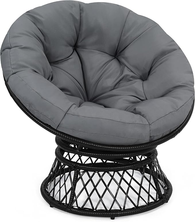 Kromax 40" Ergonomic Wicker Papasan Chair, 360° Swivel Round Egg Chair with Soft Thick Cushion, Indoor Outdoor Use for Living Room, Bedroom, Reading Room, Black Frame with Dark Grey Cushion
