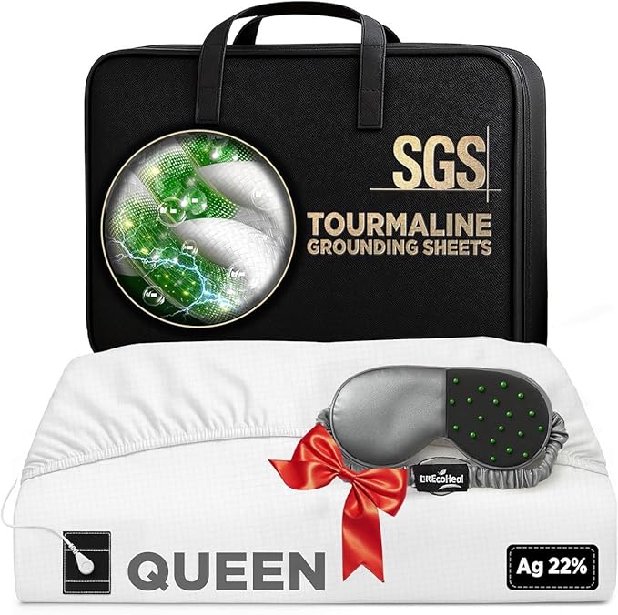 Luxury Tourmaline Grounding Sheets Queen 20% Silver Fiber, 76% Tourmaline Cotton, 4% Silk, SGS Quality Certified Grounded Well Bed Sheet - Conductive Earth Fitted Sheet for Better Sleep, White
