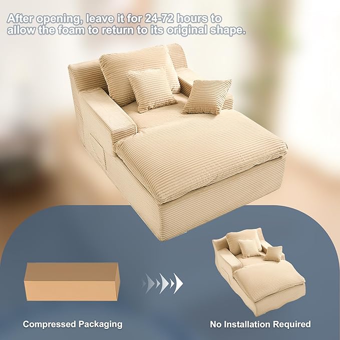 63" Oversized Boneless Chaise Lounge Chair, Extra Cloud Layer, Convertible Sleeper Sofa Couch with Removable Pillows & Side Pockets, Corduroy Upholstered Sofa Bed with Armrests for Living Room, Camel