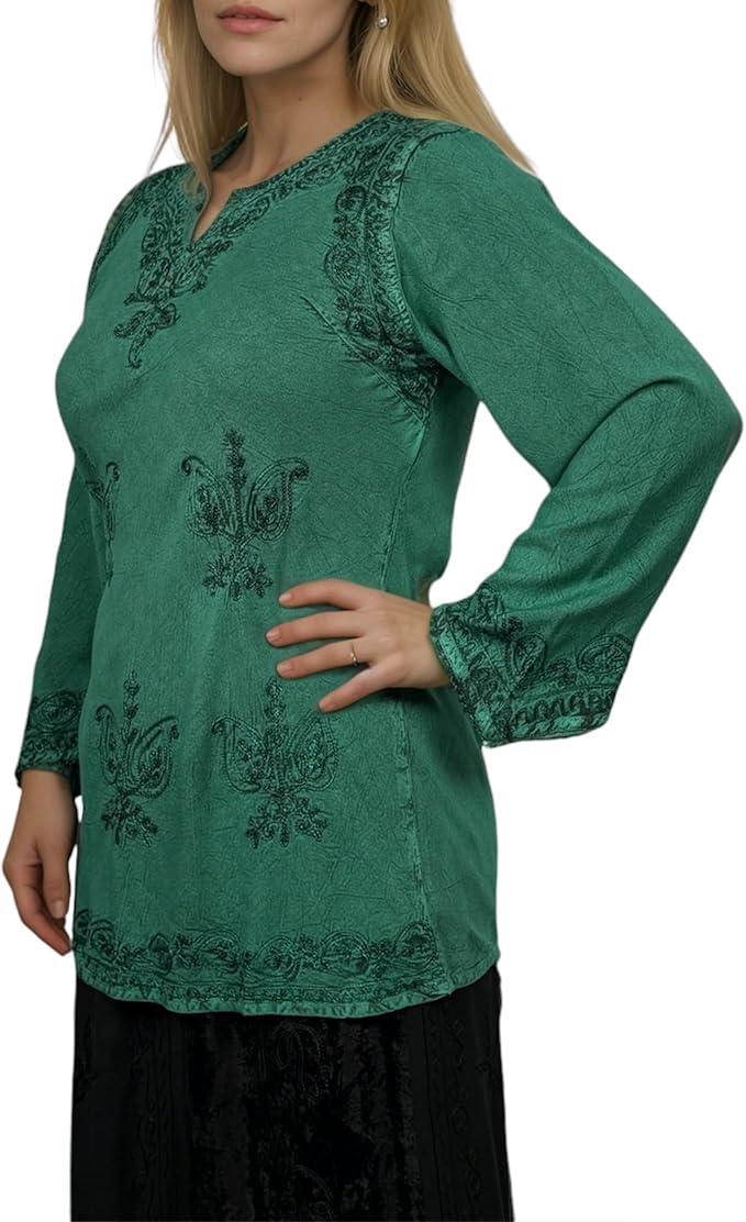 Agan Traders 2025 Winter Long Sleeve Diamond Neck Embroidered Tops - Medieval Boho Vintage Tunic Kurta Blouses for Women