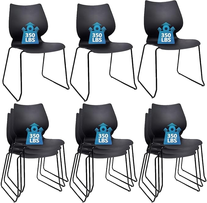 Stackable Waiting Room Chair, Stacking Office Chair with Ergonomic Lumbar Support and Metal Legs, Plastic Desk Chairs for Conference School Church Guest Reception Set of 12, Black