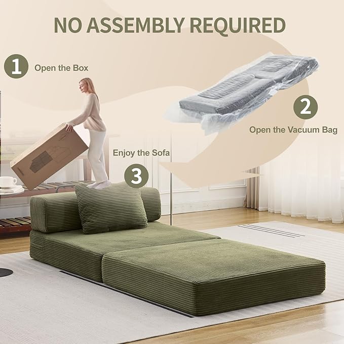 Modern Olive Single Sofa Bed, Convertible Foldable Sofa with Pillow, Comfortable Corduroy Fabric & High-Density Foam, Ideal for Living Room, Bedroom, Office, Apartment Lounge