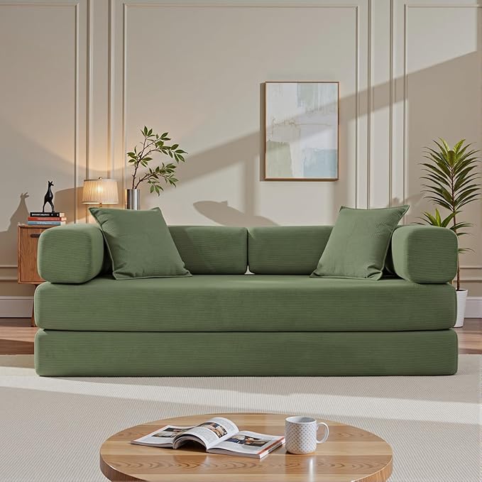 78" Convertible Sleeper Sofa Bed, Corduroy Folding Sofa Bed with Fixed-Shape Frame, Fold Out Floor Mattress Couch, Lazy Compression Sofas for Living Room, Bedroom, No Assembly Required, Green