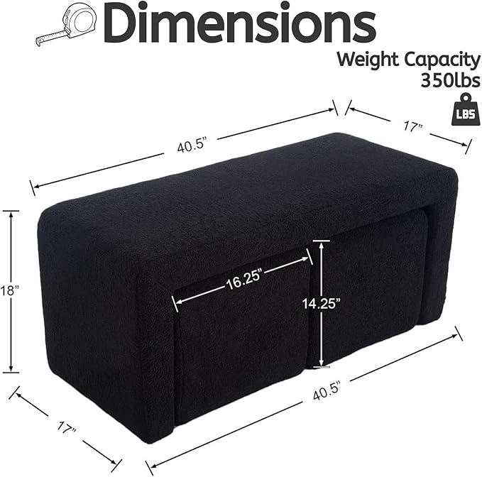 LukeAlon 3-Piece Nesting Ottoman Bench Set, 40.5" Wide Upholstered End of Bed Bench with 2 Small Stools Sherpa Comfy Entry Bench Vanity Bench Stools Modern Arched Bench for Living Room Bedroom, Black