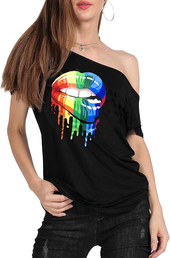 MAGICMK Women’s Short Lips Print Causal Off The Shoulder Plus Size T-Shirt Tops