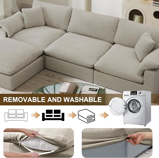 Forest aesthetics 211.6" Cloud Modular Sectional Sofa,Light Beige Down Filled Sofa 5 Seat,Minimalist Sofa Cover Washable and Replaceable Couches for Living Room,Sectional Sofa Deep Seat