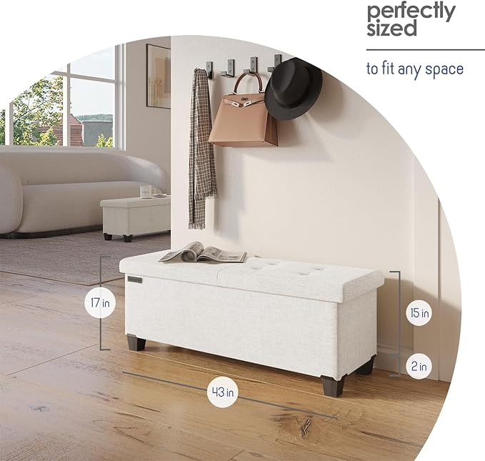 Storage Ottoman Bench with Bins, 43-in Storage Bench for Bedroom End of Bed, Folding Foot Rest Ottoman for Living Room Max 660lbs, Fabric Ottomans, Cream
