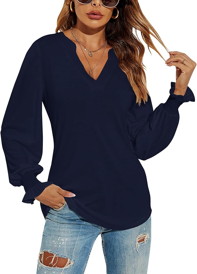 Romanstii Women's Casual V-Neck T-Shirts Loose Puff Long Sleeve Tops Tunic Blouses