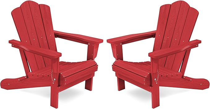 KINGYES Folding Adirondack Chair Set of 2, HDPE All-Weather Folding Adirondack Chair, Light Red