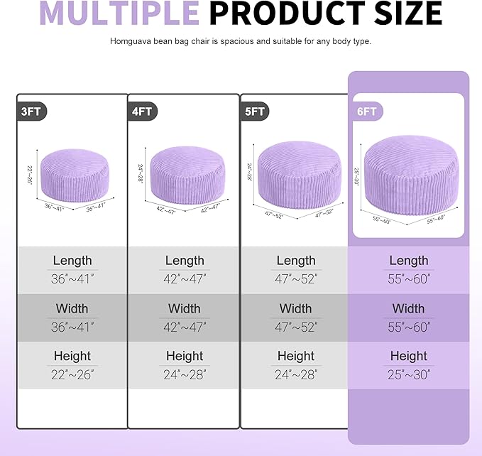Homguava 6 FT Bean Bag Chair,6' Big Bean Bag,Giant Bean Bag Chairs for Adults with Memory Foam Filled,Comfy Large Beanbag Chairs Soft Bean Bag Sofa with Dutch Corded Plush Cover-Purple
