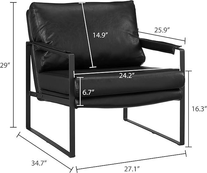 Volans Mid Century Modern Accent Chair with Arms for Living Room, Faux Leather Accent Chairs for Lounge, Metal Frame Armchair Reading Chair Single Sofa for Bedroom Office, Black