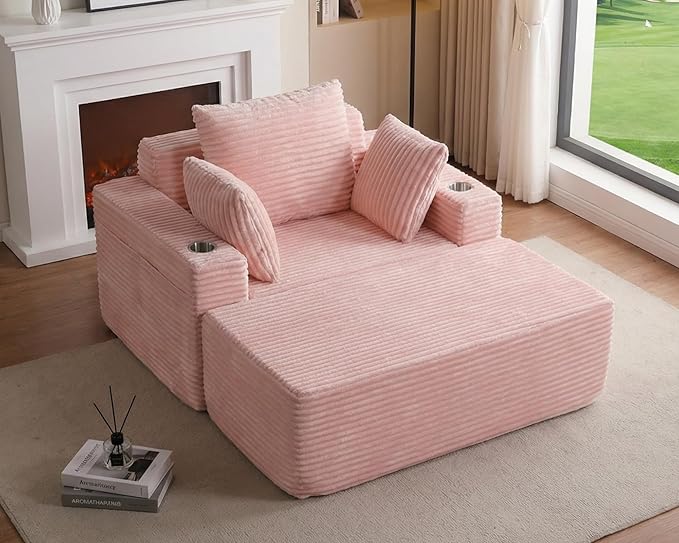 54"W Oversized Chaise Lounge Chair Indoor, Boneless Chaise Lounge Couch, Convertible Comfy Reading Chairs, Compression Sofa with Ottoman, Corduroy Sleeper Couch Chair for Living Room, Pink
