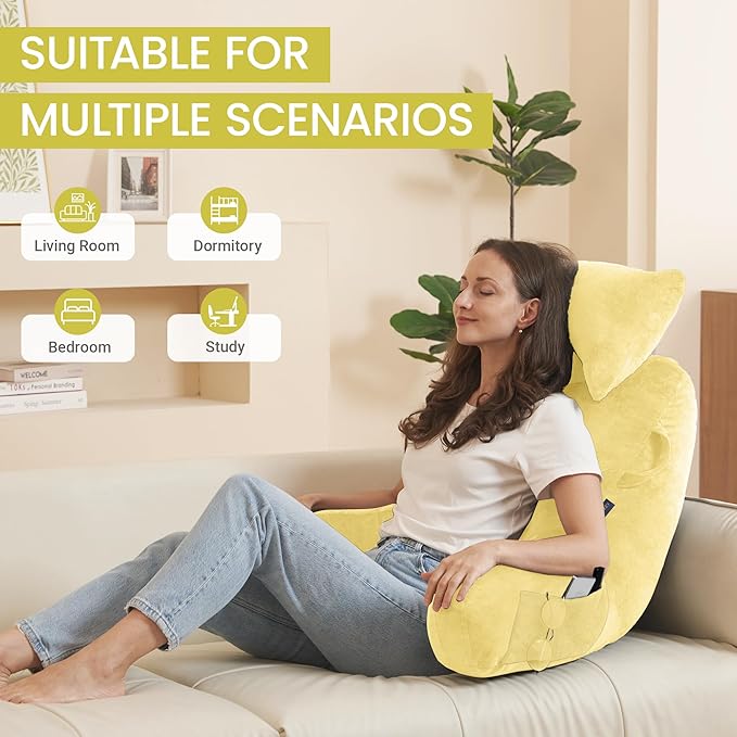 Unisakey Portable Reading Pillows with Headrest for Bed Sitting Up(Yellow Oeko-Tex), Velvet Back Pillow with Arms & Pockets for Adults, Support Memory Foam Bed Pillow for Dorm/Reading/Watching/Gaming