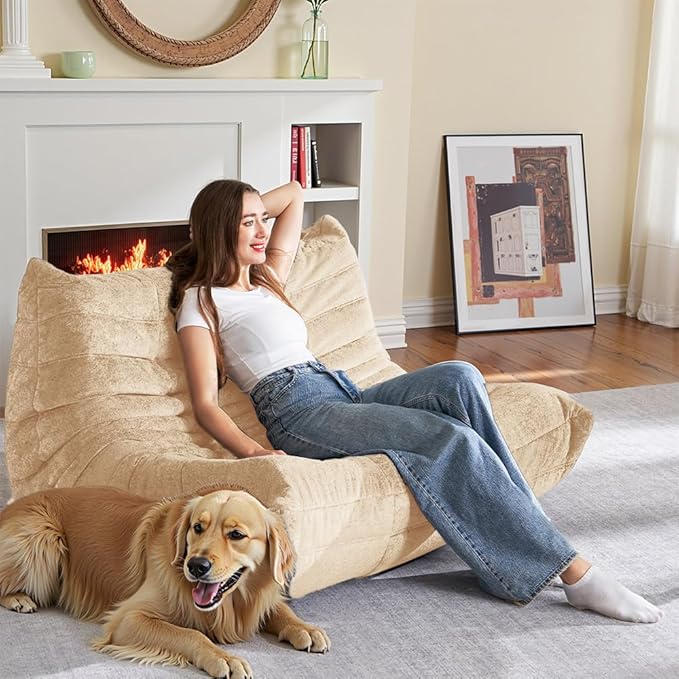HABUTWAY Bean Bag Chair, Giant Bean Bag Chairs for Adults, Loveseat Fireside Chair, 2 Seater Lazy Bean Bag Sofa Memory Foam Couch for Living Room, Bedroom, Office (Khaki)