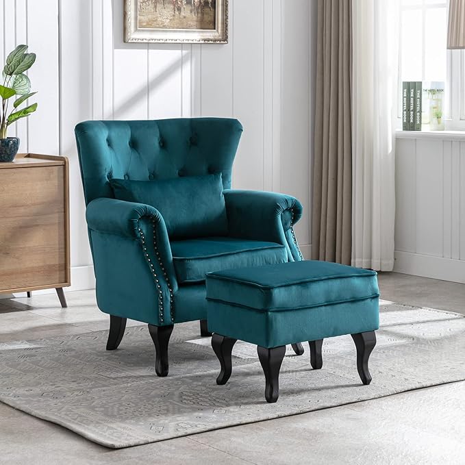 LZAREAL Accent Reading Arm Chairs with Ottoman Set of 2 for Living Room Bedroom, Midcentury Modern Corner Sofa Chair, Wingback Waiting Room Club Chair with Tufted Back &Lumbar Pillow, Velvet Teal