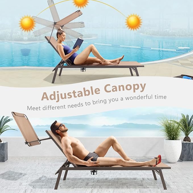 HAPPYGRILL Outdoor Chaise Lounge, 6-Position Recliner Lounger with Adjustable Sun Shade & Cup Holder, Adjustable Reclining Chair for Outside Beach Balcony Poolside