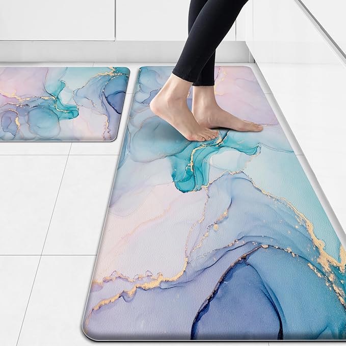 Kitchen Mats for Floor 2 Pieces Purple Marble Kitchen Mat Anti Fatigue Waterproof Non Slip Kitchen Rugs Comfort Memory Foam Mat for Kitchen Floor,in Front of Sink