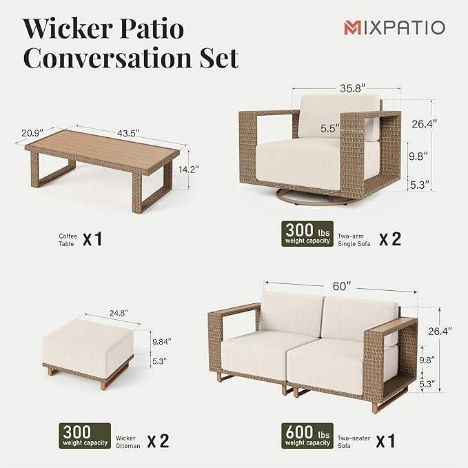MIXPATIO Outdoor Patio Furniture Set, 7 Piece Outdoor Rattan Wicker Sofa Couch, Conversation Sets with 2 Swivel Sofa, 2 Armchairs, 2 Ottomans and Coffee Table